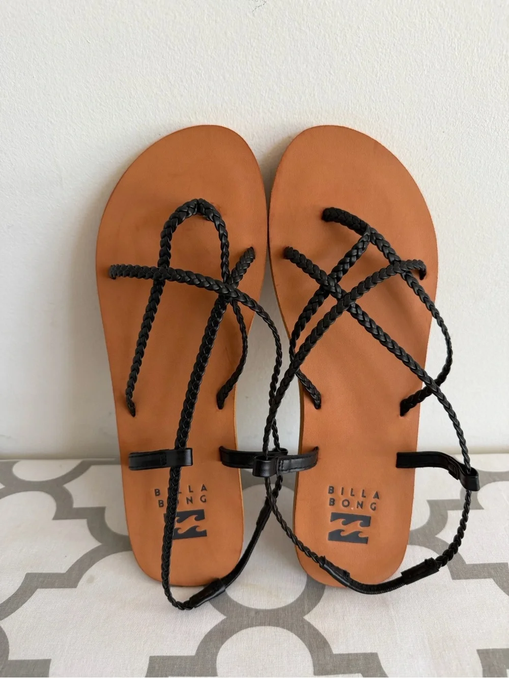 Billabong Black Braided Lace-Up Sandals with Tan Footbed